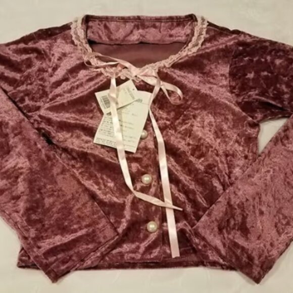 BRAND NEW Metamorphose Honey Picnic Wine Red Crushed Velvet Cardigan - Picture 1 of 4
